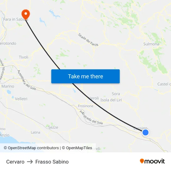 Cervaro to Frasso Sabino map