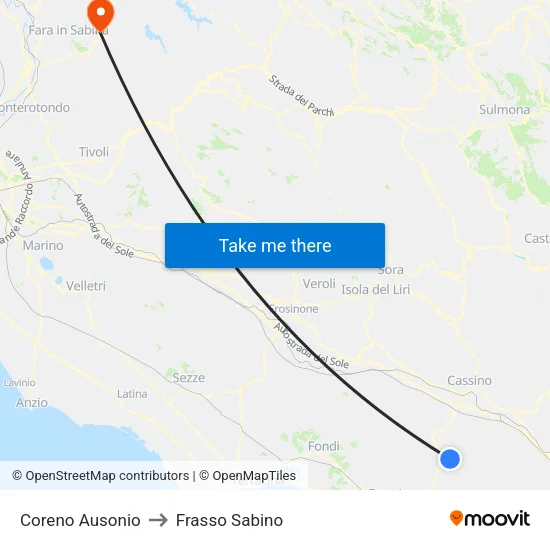 Coreno Ausonio to Frasso Sabino map