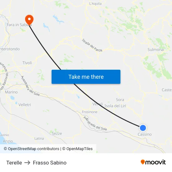 Terelle to Frasso Sabino map