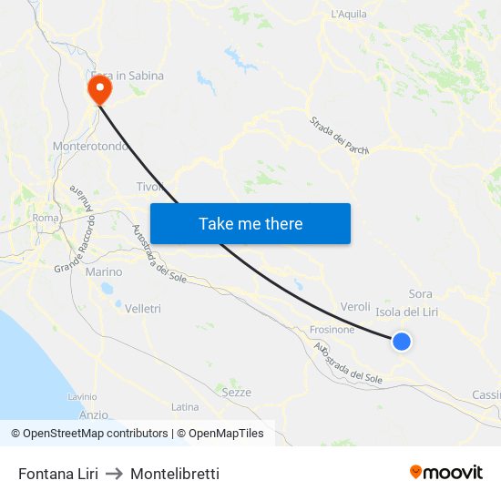 Fontana Liri to Montelibretti map