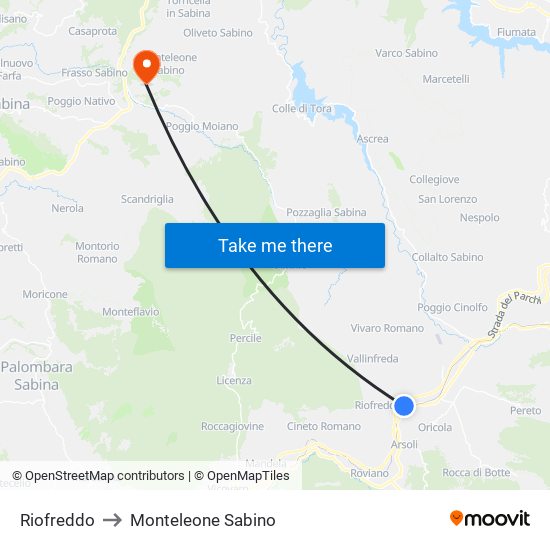 Riofreddo to Monteleone Sabino map