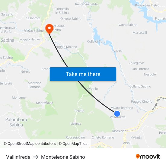 Vallinfreda to Monteleone Sabino map