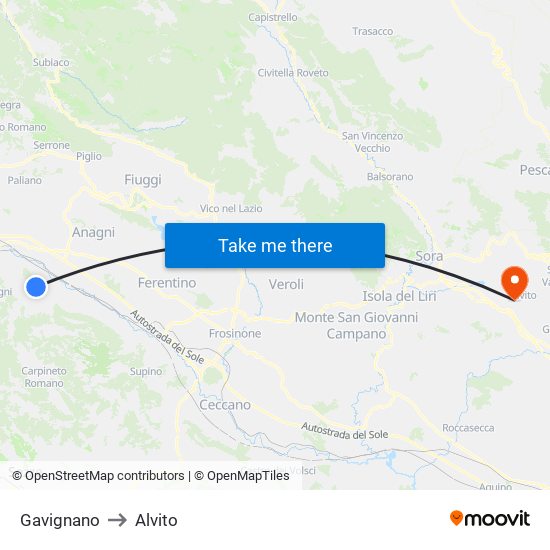 Gavignano to Alvito map