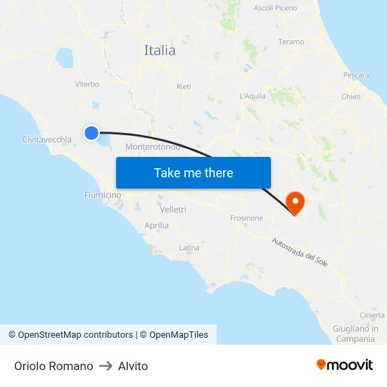 Oriolo Romano to Alvito map