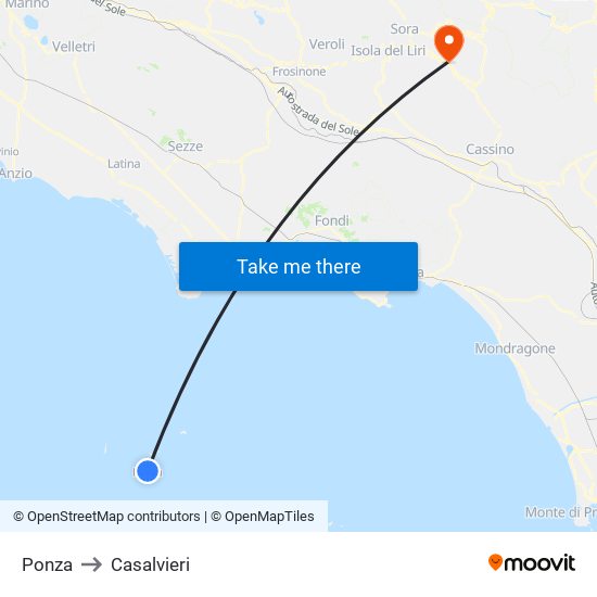 Ponza to Casalvieri map