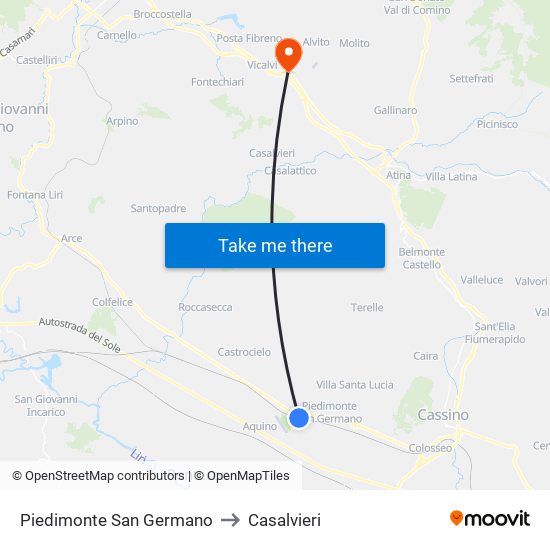 Piedimonte San Germano to Casalvieri map