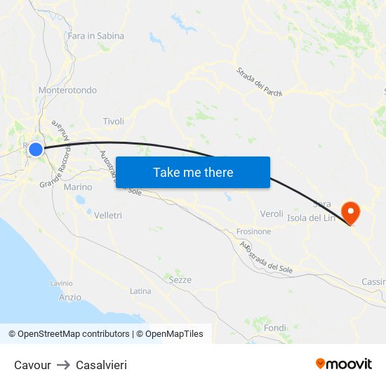 Cavour to Casalvieri map