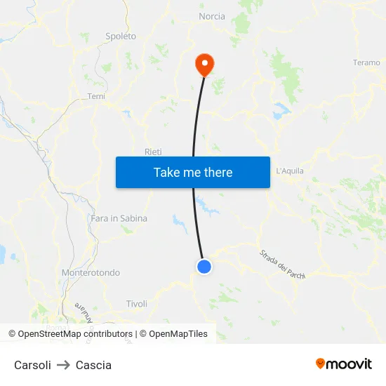 Carsoli to Cascia map