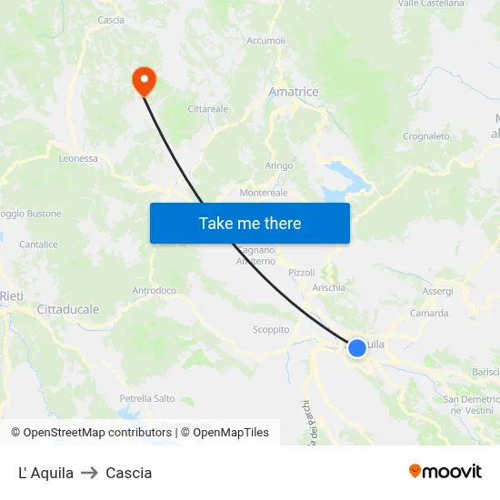 L'Aquila to Cascia map