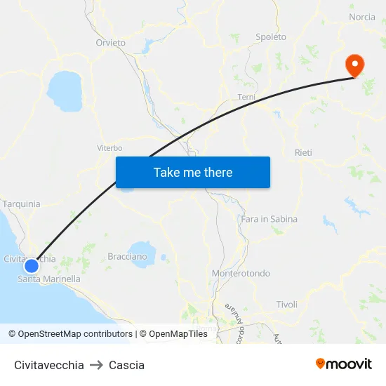 Civitavecchia to Cascia map