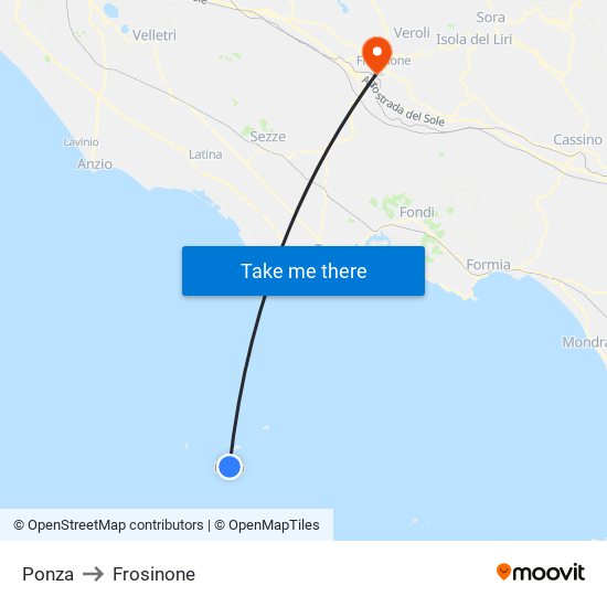 Ponza to Frosinone map