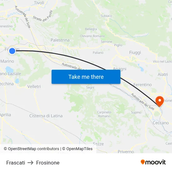 Frascati to Frosinone map