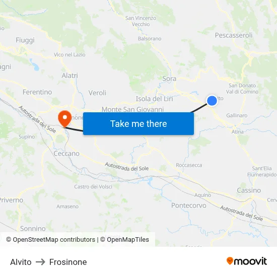 Alvito to Frosinone map