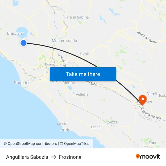 Anguillara Sabazia to Frosinone map