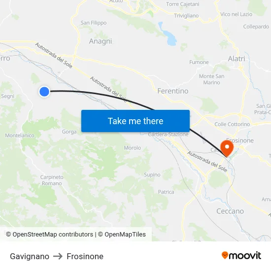 Gavignano to Frosinone map