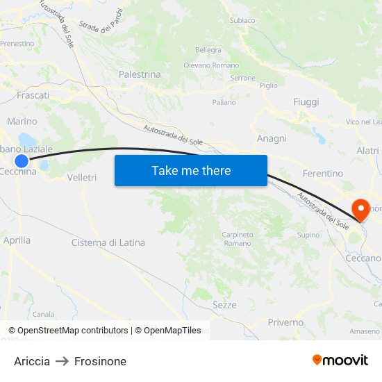 Ariccia to Frosinone map