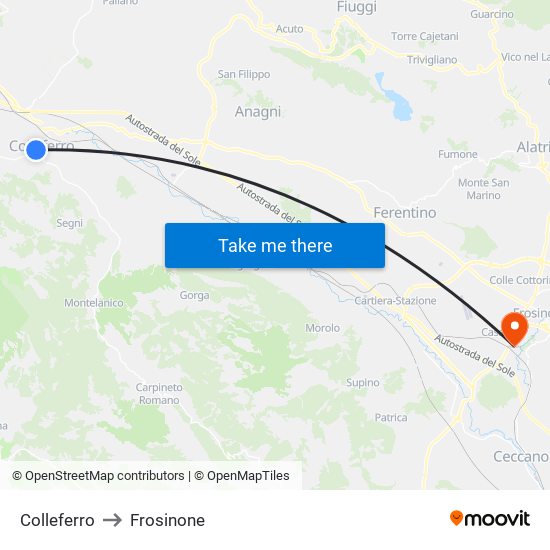 Colleferro to Frosinone map