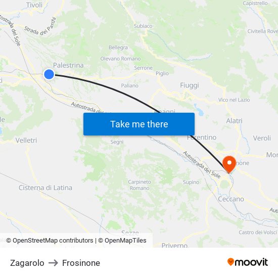 Zagarolo to Frosinone map