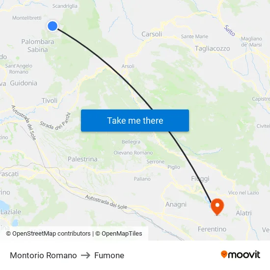 Montorio Romano to Fumone map