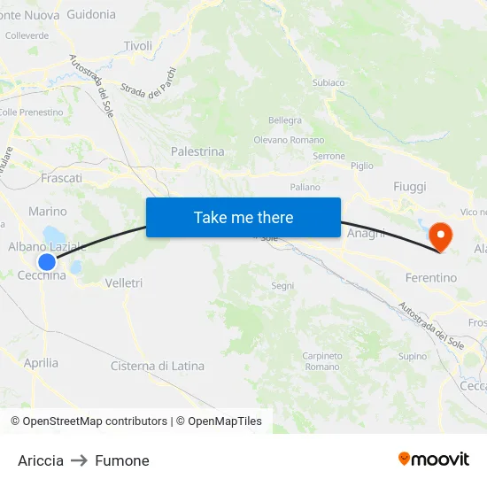Ariccia to Fumone map