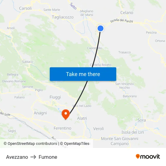 Avezzano to Fumone map