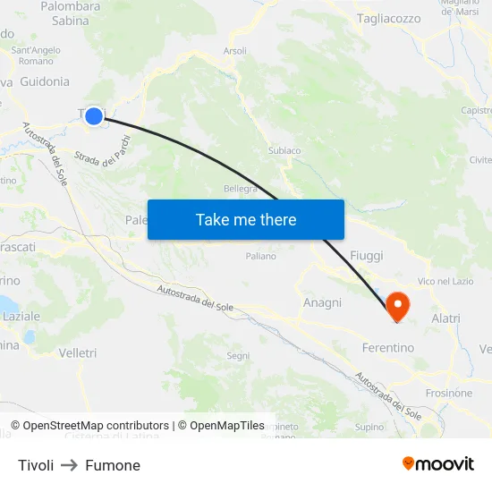 Tivoli to Fumone map