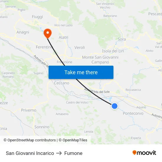 San Giovanni Incarico to Fumone map