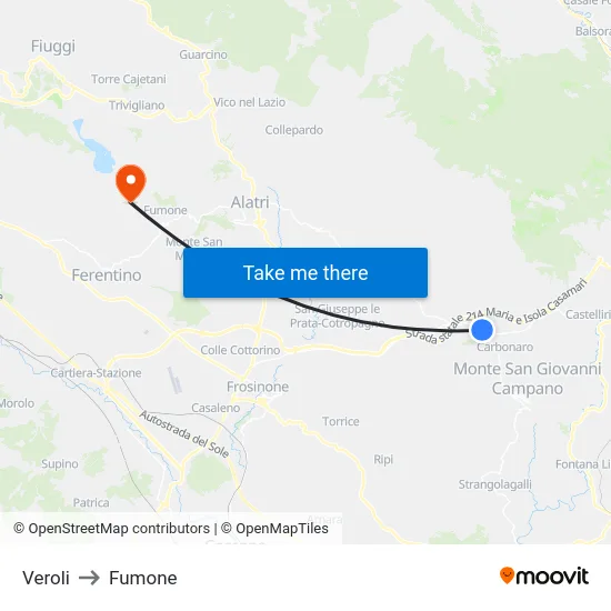 Veroli to Fumone map