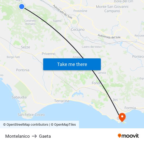 Montelanico to Gaeta map