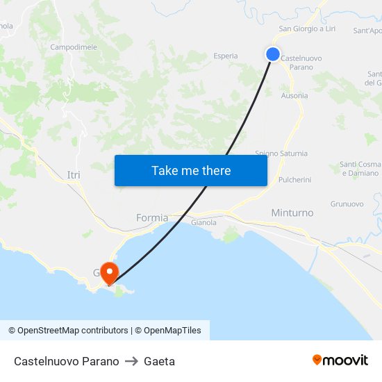 Castelnuovo Parano to Gaeta map