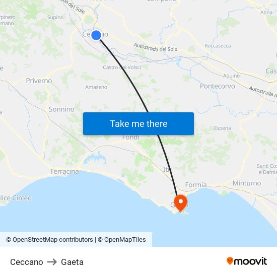 Ceccano to Gaeta map