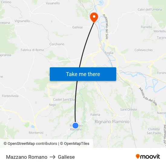 Mazzano Romano to Gallese map