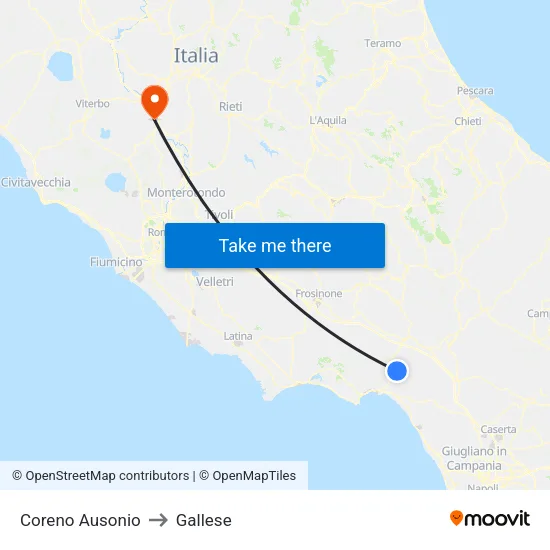 Coreno Ausonio to Gallese map
