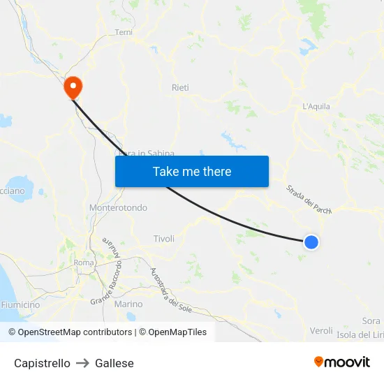 Capistrello to Gallese map