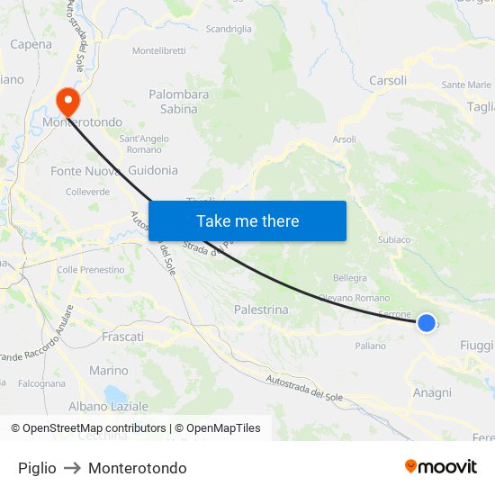 Piglio to Monterotondo map