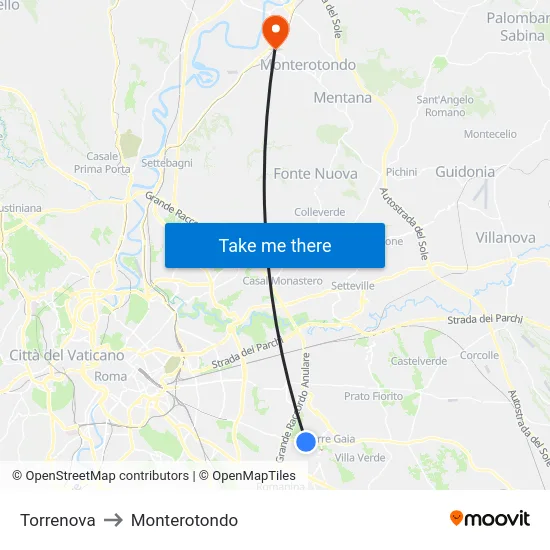 Torrenova to Monterotondo map