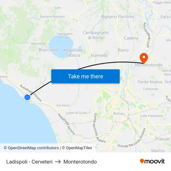 Ladispoli-Cerveteri to Monterotondo map