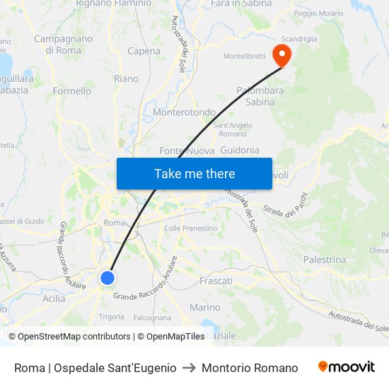 Roma | Ospedale Sant'Eugenio to Montorio Romano map