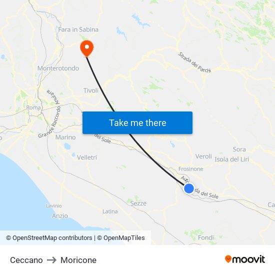 Ceccano to Moricone map