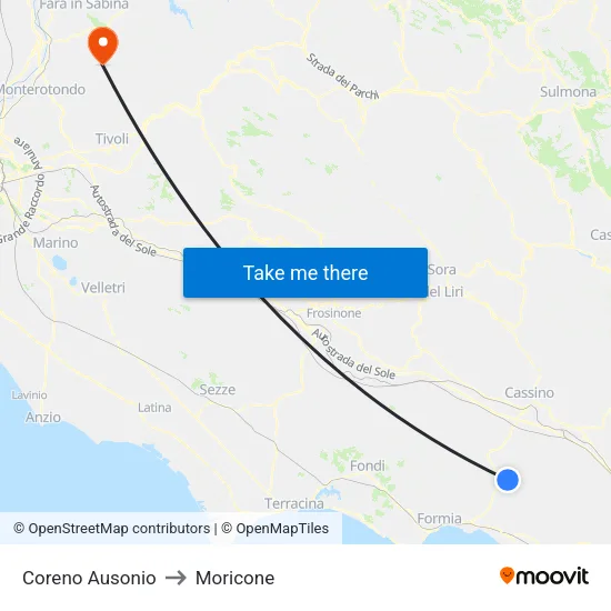 Coreno Ausonio to Moricone map