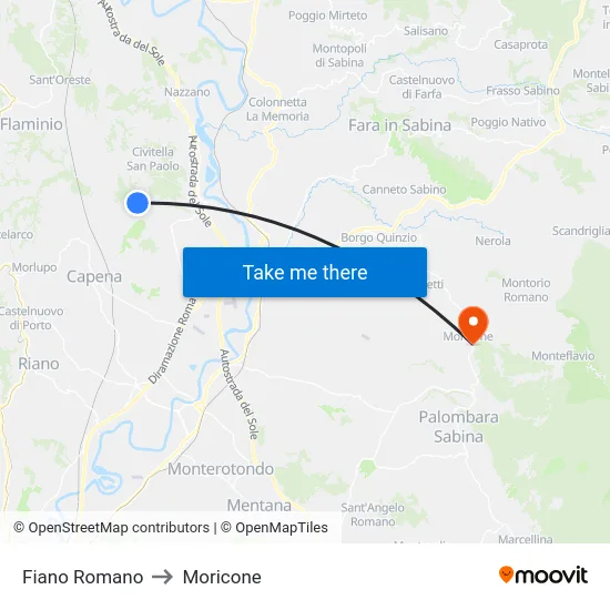 Fiano Romano to Moricone map