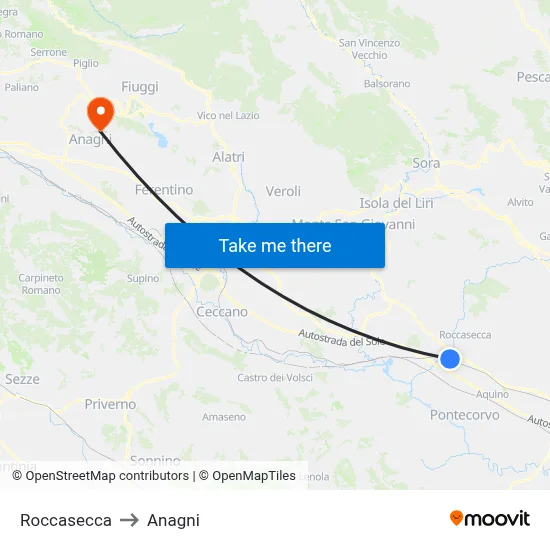 Roccasecca to Anagni map