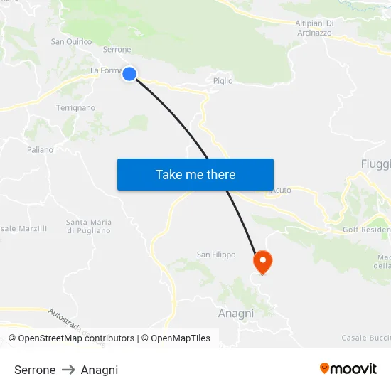 Serrone to Anagni map