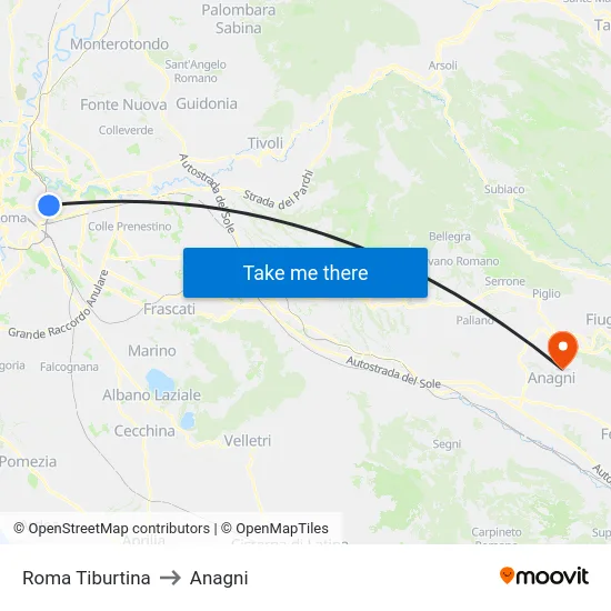 Roma Tiburtina to Anagni map