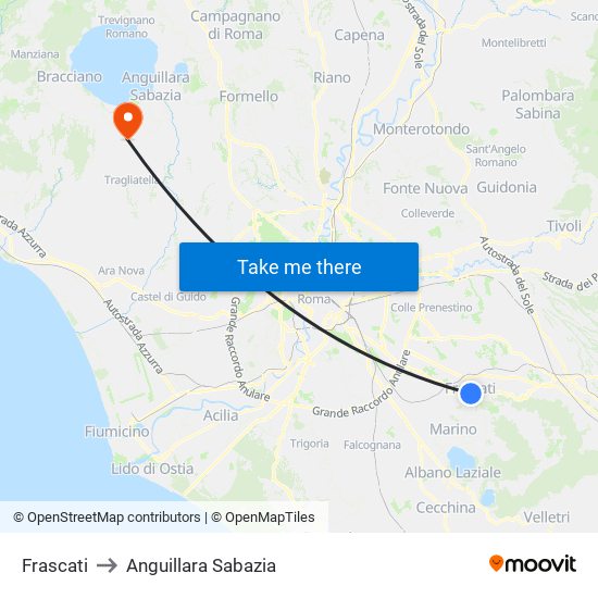 Frascati to Anguillara Sabazia map