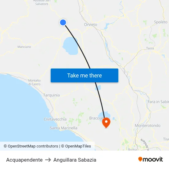 Acquapendente to Anguillara Sabazia map
