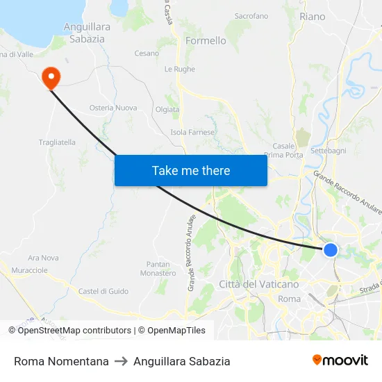 Roma Nomentana to Anguillara Sabazia map