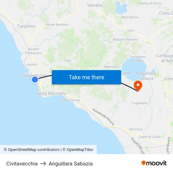 Civitavecchia to Anguillara Sabazia map