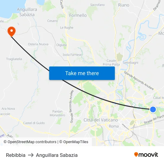Rebibbia to Anguillara Sabazia map