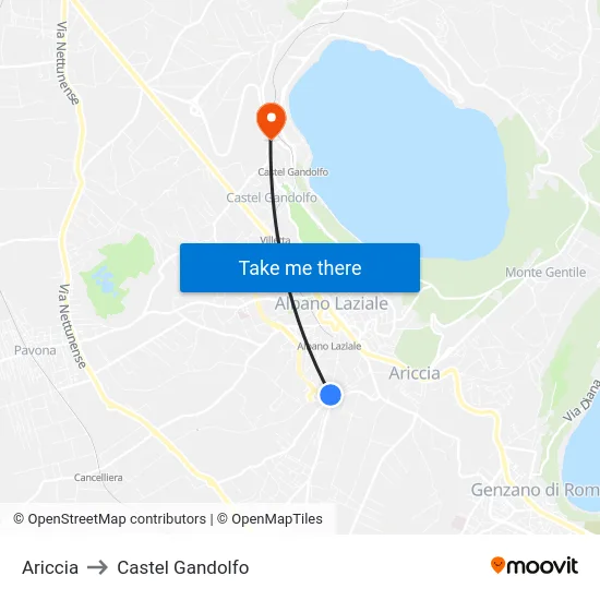 Ariccia to Castel Gandolfo map